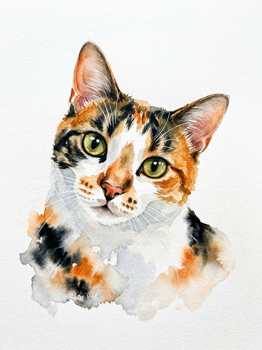 Watercolour portrait of a calico cat with green eyes