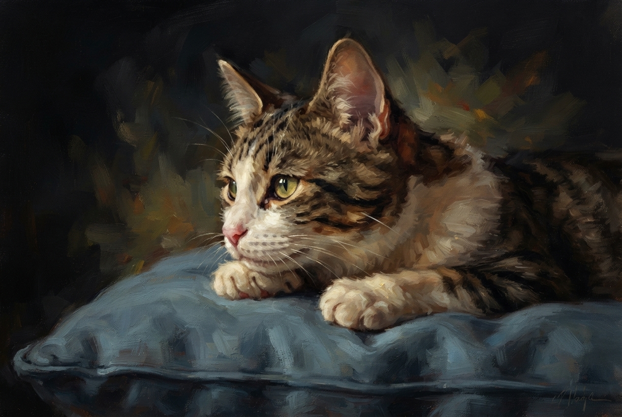 Oil painting of a tabby cat resting on a blue cushion
