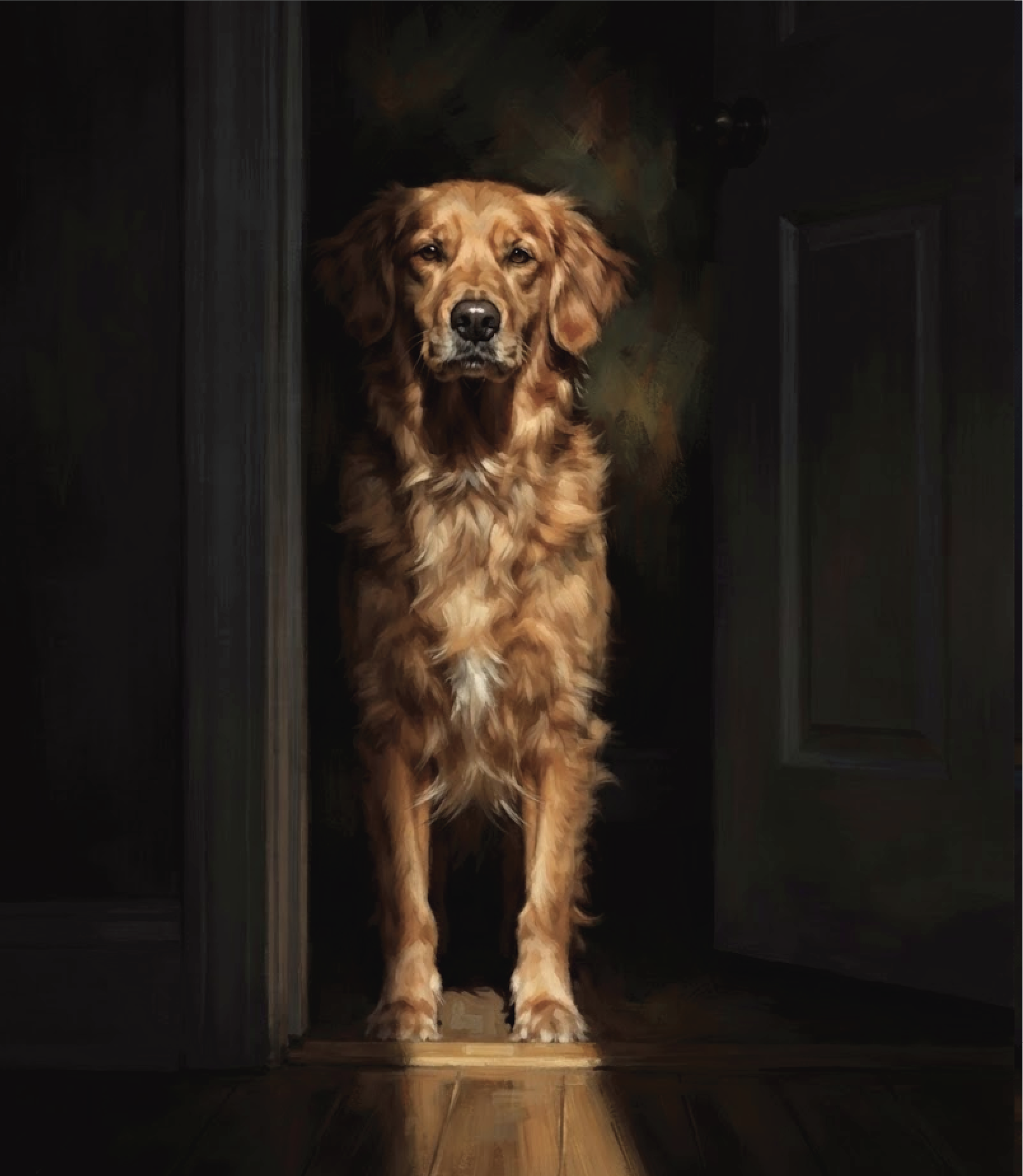 The Homecoming portrait of a golden dog in a candlelit doorway