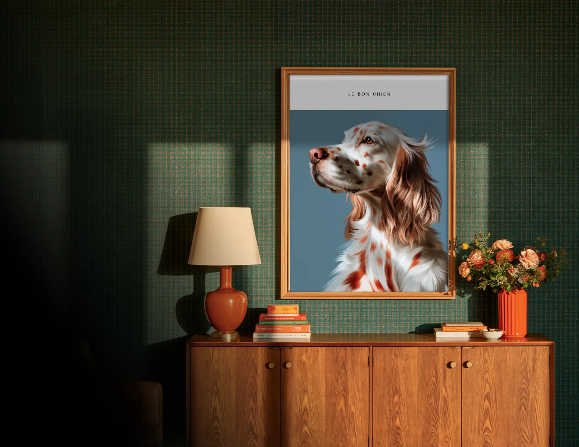 A Le Bon Chien pet portrait above a mid-century sideboard in a green papered living room