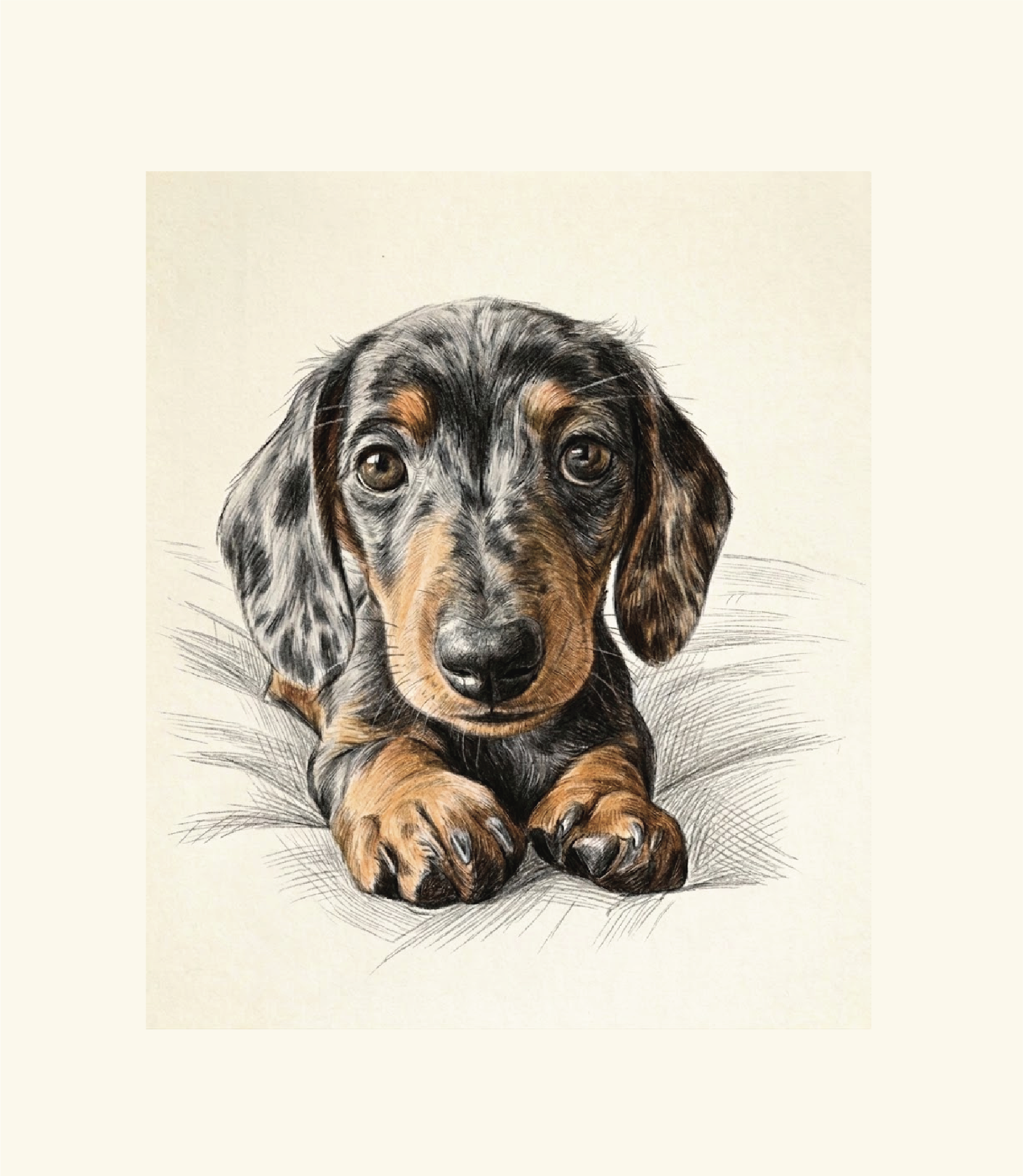 Dachshund rendered in fine coloured pencil on cream paper