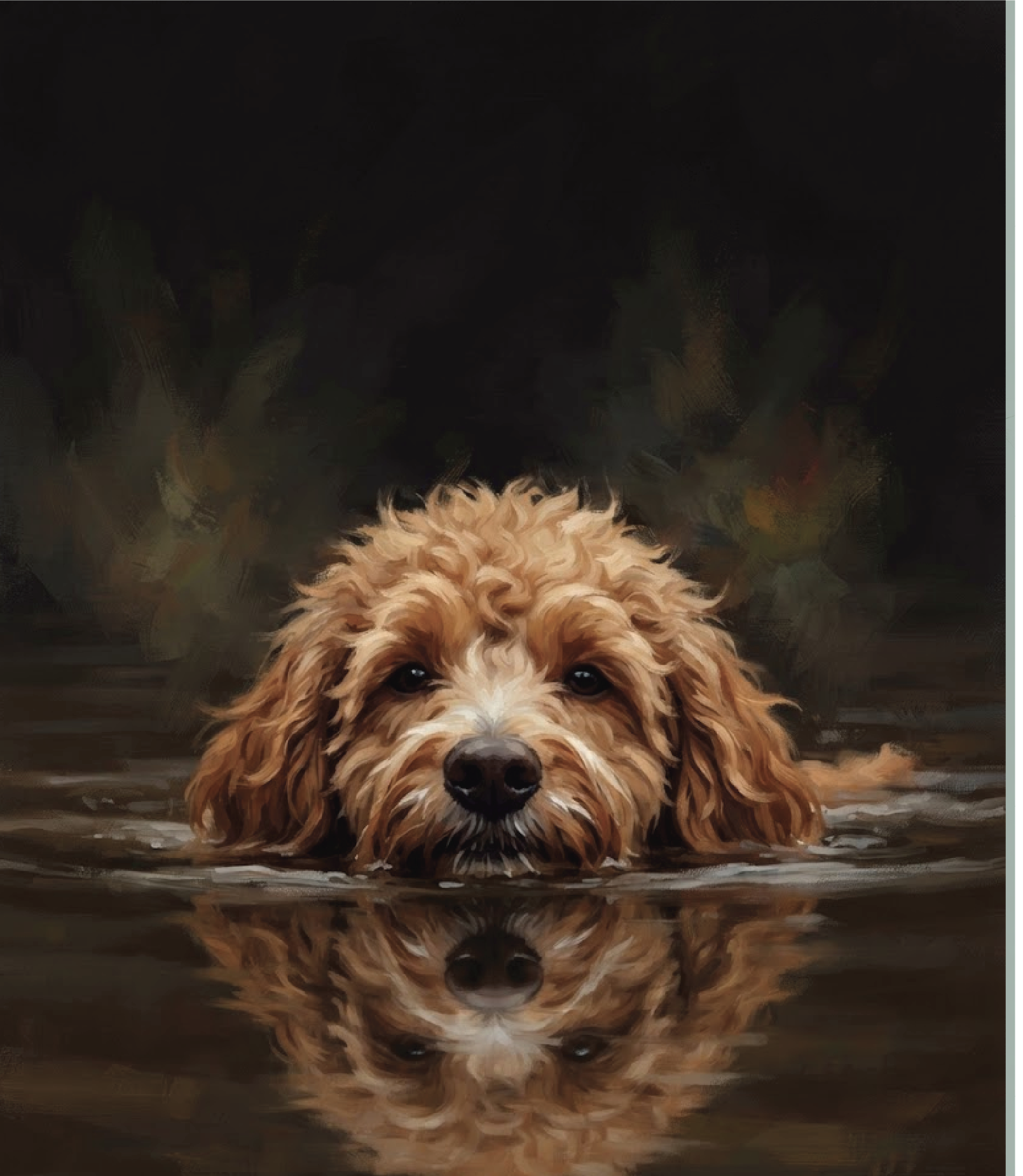 Still Waters portrait of a doodle swimming through dark water